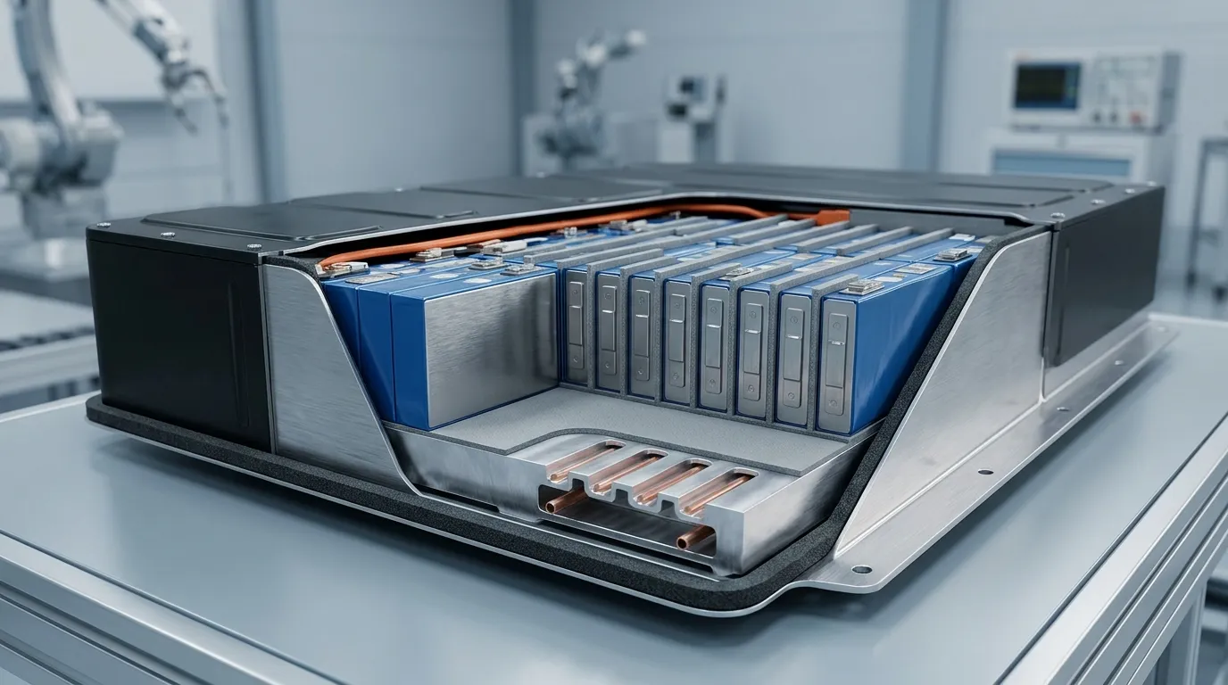Cutaway view of an EV battery pack showing cell modules, thermal interface layer, aluminum cold plate and enclosure gasket