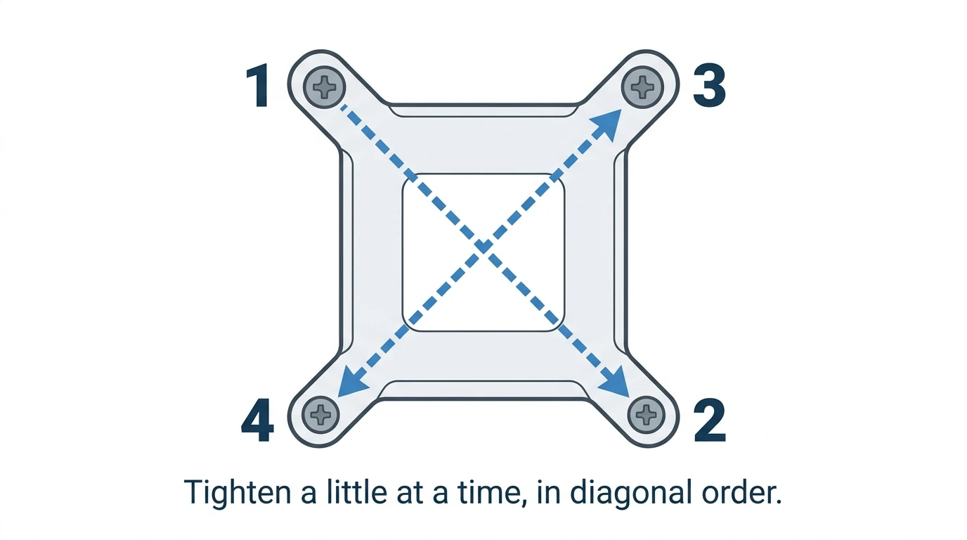 Crisscross tightening order for a CPU cooler: tighten the four mounting screws a little at a time in diagonal order, 1 to 4