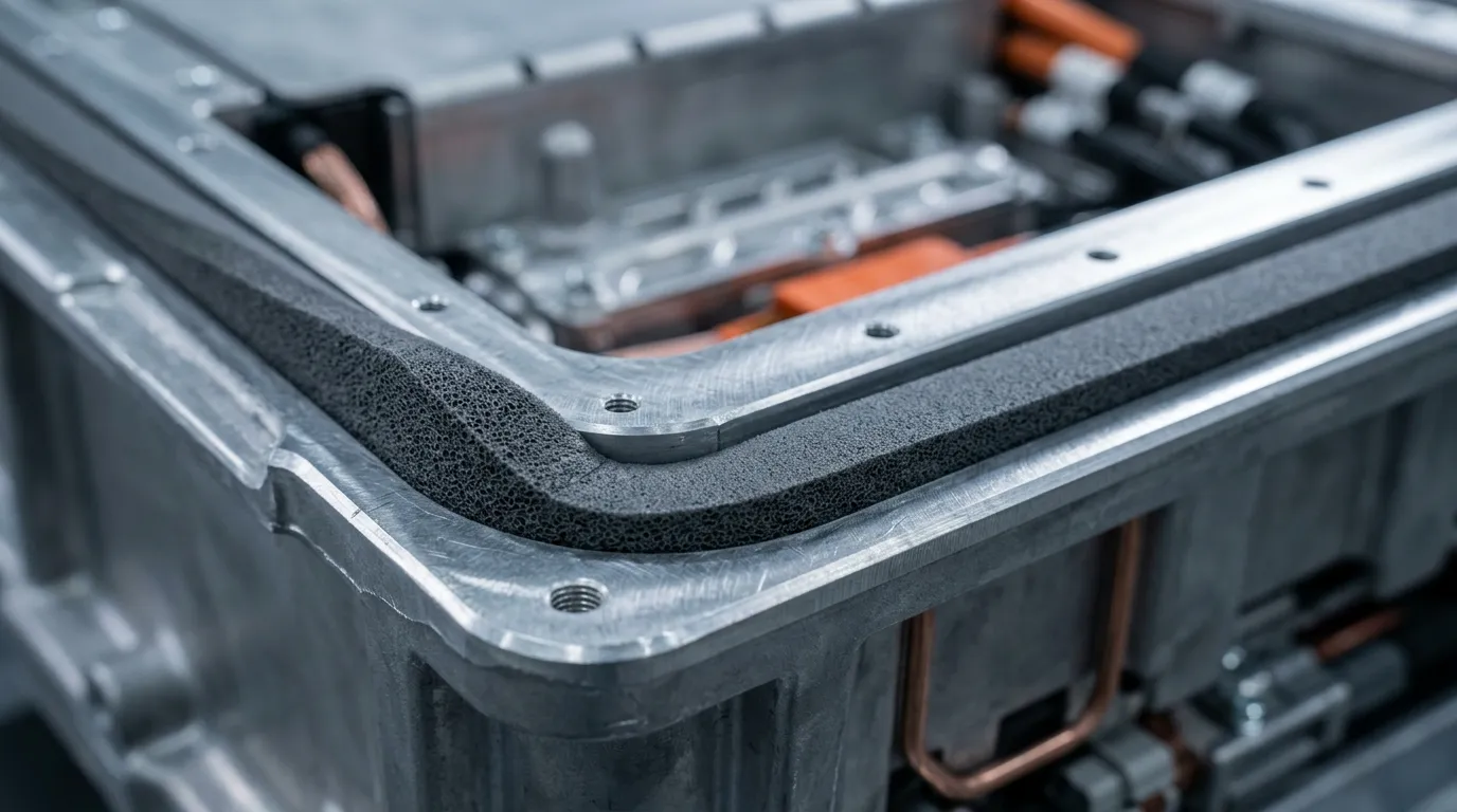 Silicone foam sealing gasket seated in the groove of an EV battery pack enclosure edge for IP68 protection