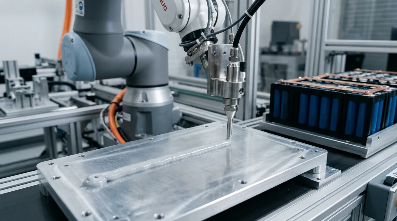 Robotic dispensing arm applying thermal gap filler gel onto an aluminum cold plate in an EV battery assembly line