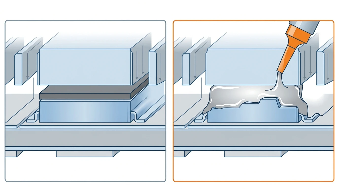Two PCB cross-sections comparing a pre-cured thermal gap filler pad on the left with liquid gap filler gel dispensing on the right