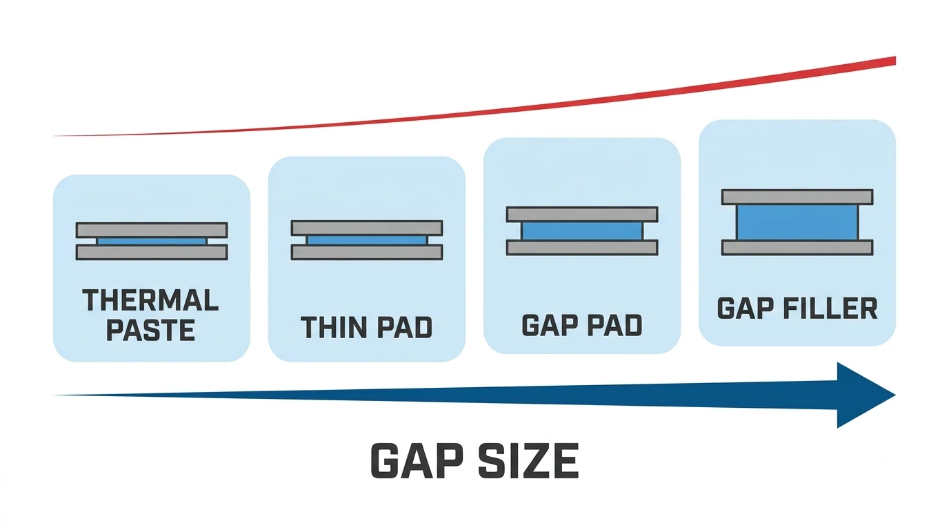 A gap-size axis mapping increasing gap to thermal paste, thin pad, gap pad and gap filler