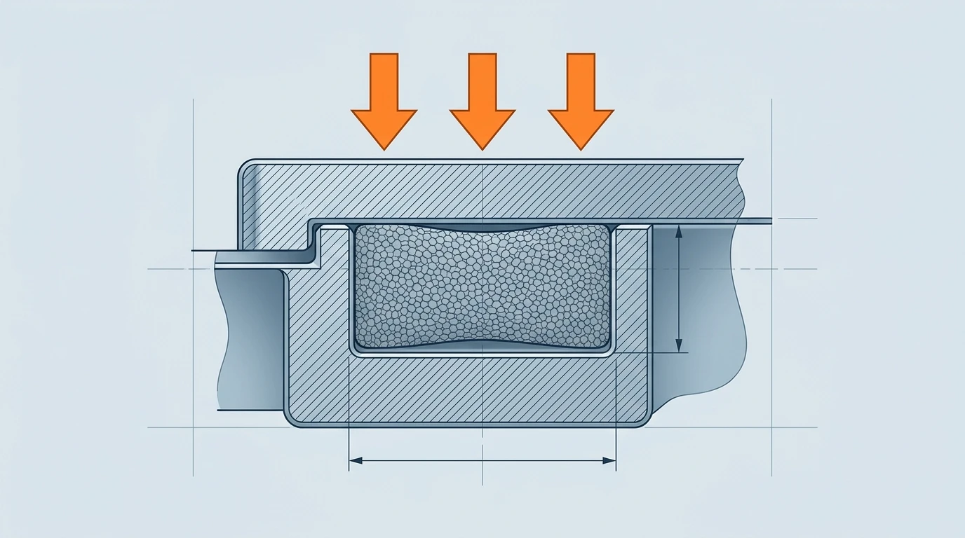 Enclosure groove cross-section with closed-cell silicone foam gasket at 15-30 percent squeeze, showing compression force and groove dimensions