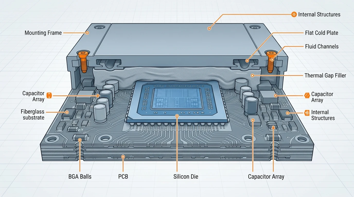 GPU die and cold plate cross-section where a soft thermal gap filler fills the uneven air gaps left by components of different heights