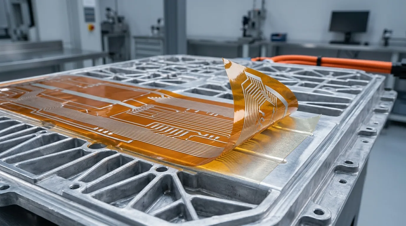 Thin flexible heating film applied to the underside of an EV battery module for low-temperature preheating