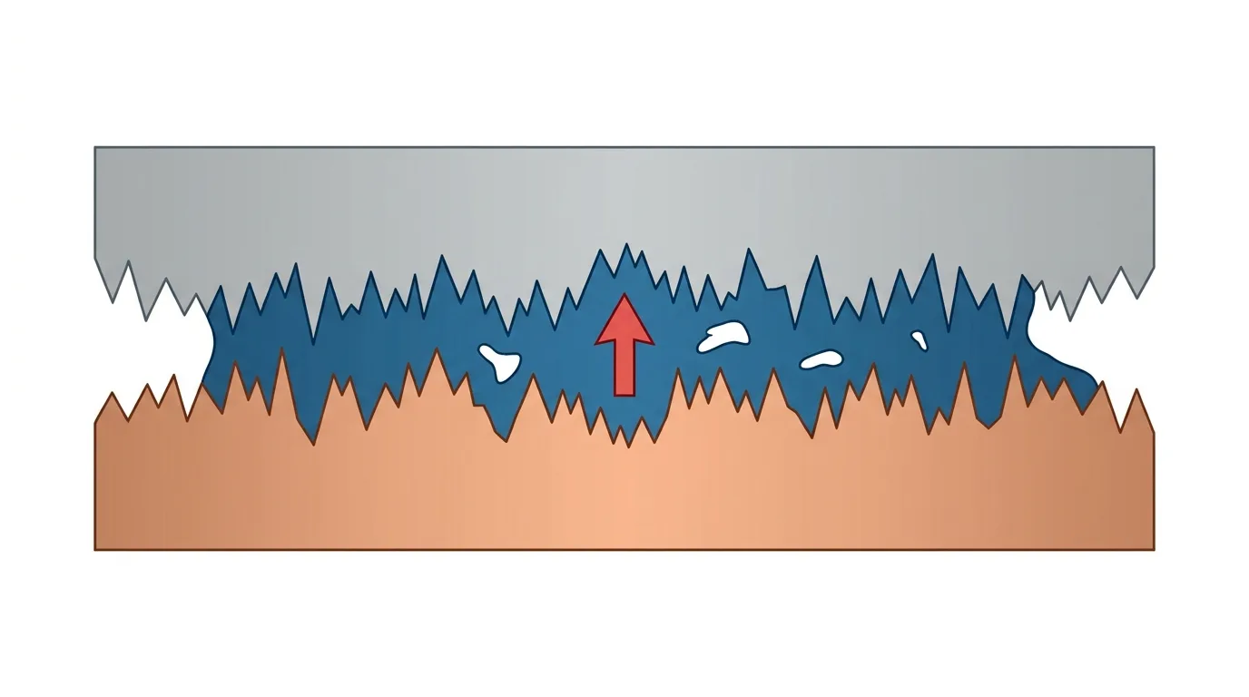 Cross-section diagram showing how thermal paste fills the microscopic air gaps between a CPU heat spreader and a heat sink base