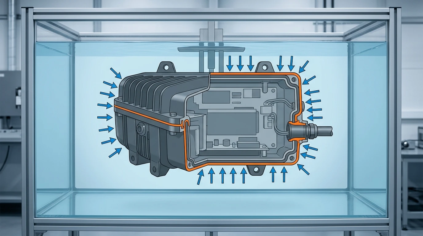 IP68 ingress protection test conditions per IEC 60529: dust-tight solid protection and continuous water immersion