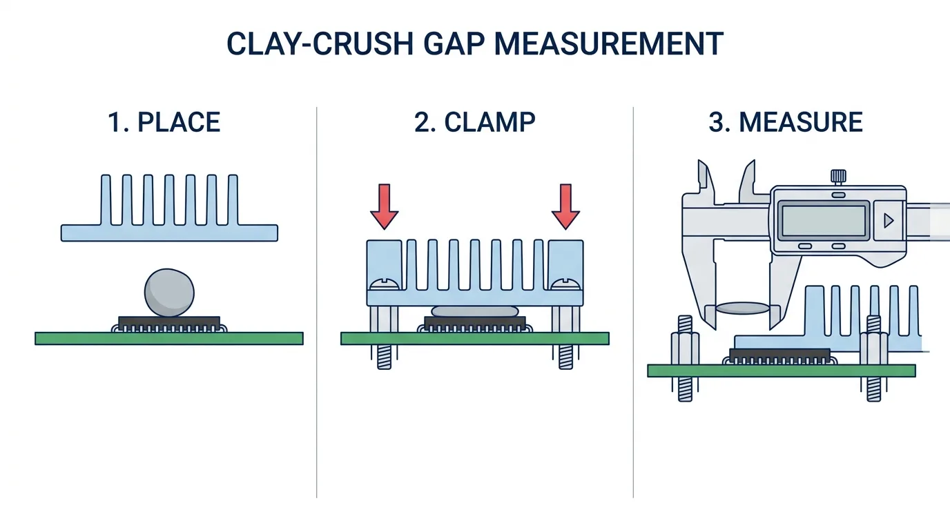 Three-panel diagram of the clay-crush gap measurement method: place a clay ball on the chip, clamp the heatsink down to final torque, then measure the flattened clay disc with calipers