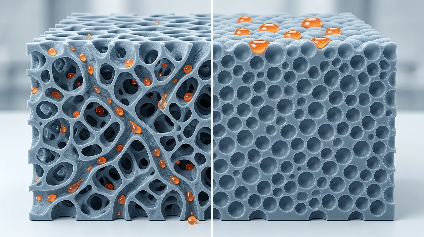 Open-cell versus closed-cell silicone foam microstructure: water wicks through interconnected open cells but is blocked by sealed closed cells