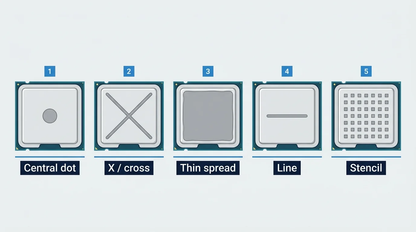 Five thermal paste application patterns compared side by side on identical CPU heat spreaders: central dot, X or cross, thin spread, line, and stencil