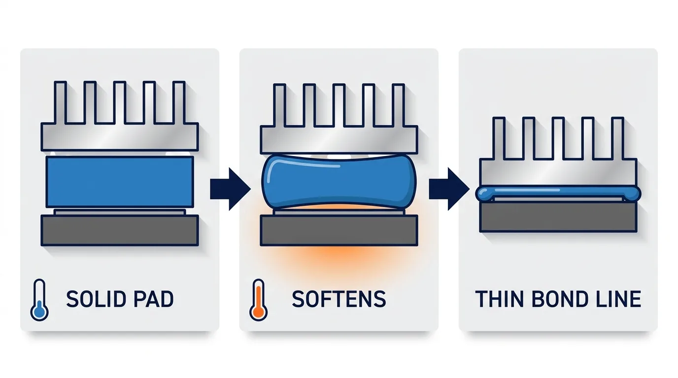 Three-stage diagram of a PCM layer between a chip die below and a heat sink above. Stage one: a thick, squared-off solid pad with small trapped air voids. Stage two: the pad softens and rounds as heat rises from the die. Stage three: the pad has collapsed into a thin, even bond line wetting both surfaces, with a small bead squeezed out at each edge.