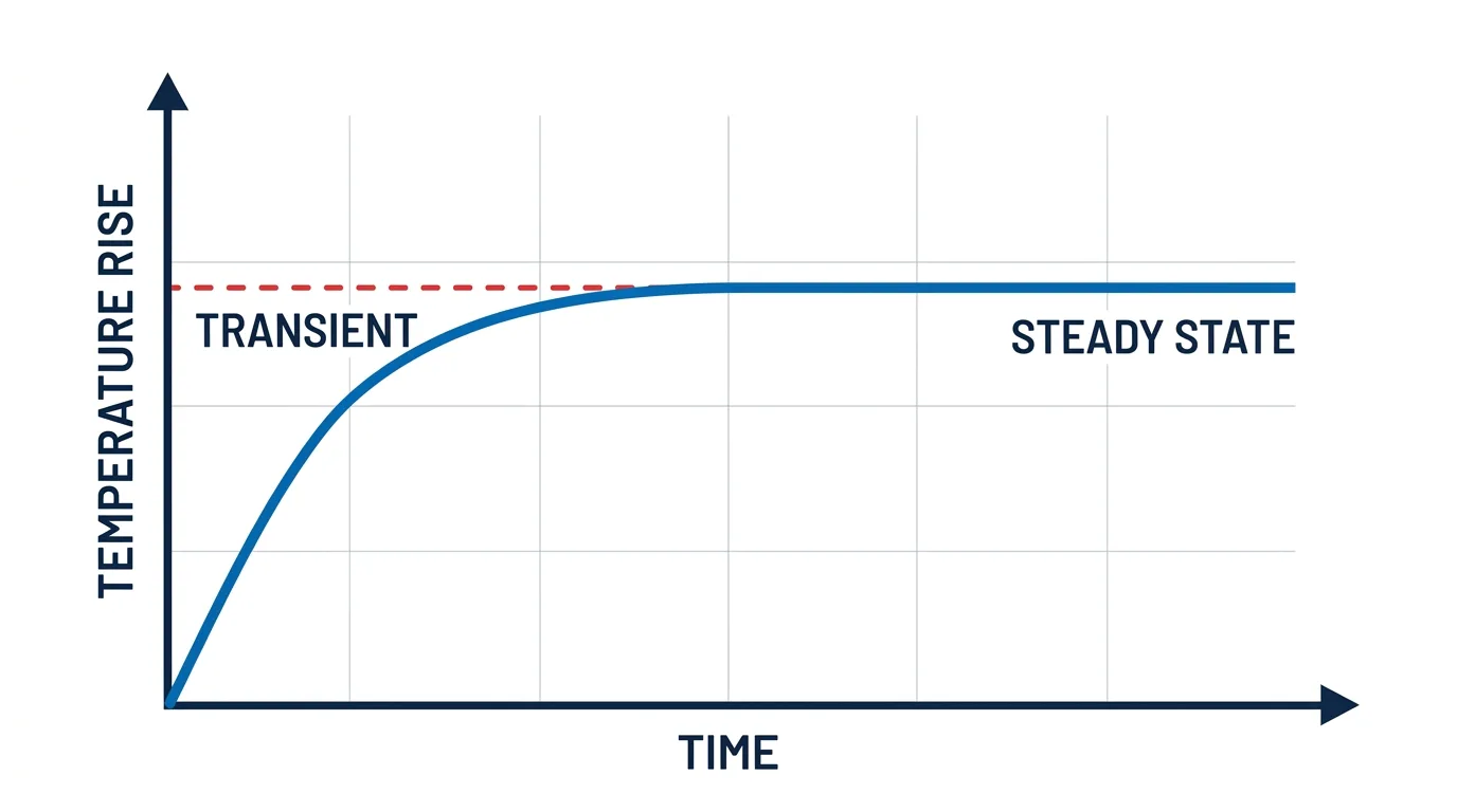 Line graph of temperature rise against time: the curve climbs steeply through the transient region, then bends and flattens onto a long plateau marked by a dashed line at the steady-state level.