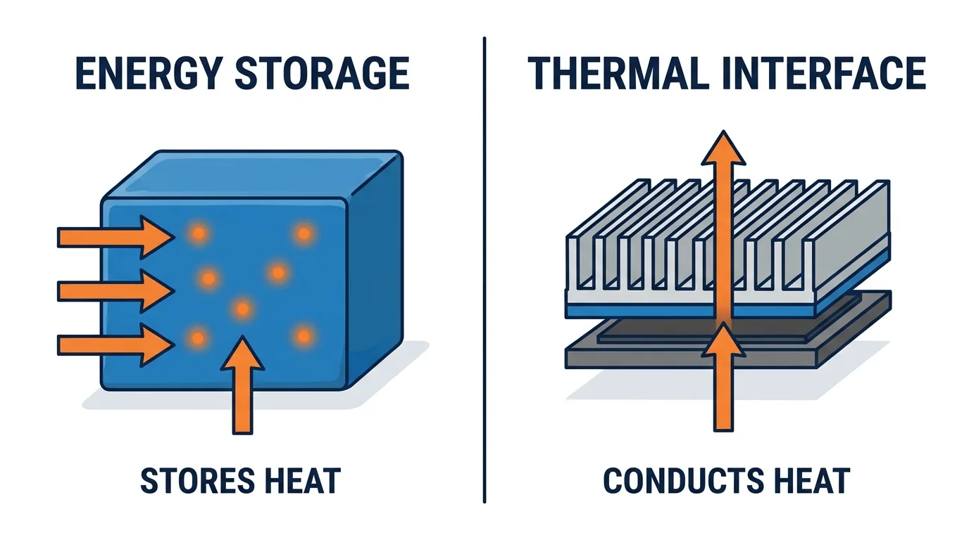 Side-by-side comparison of the two uses of phase change material. Left, energy storage: a thick block that absorbs incoming heat arrows, which stop inside it. Right, thermal interface: a thin layer between a chip die and a heat sink, with heat passing straight up through the stack and out through the fins.