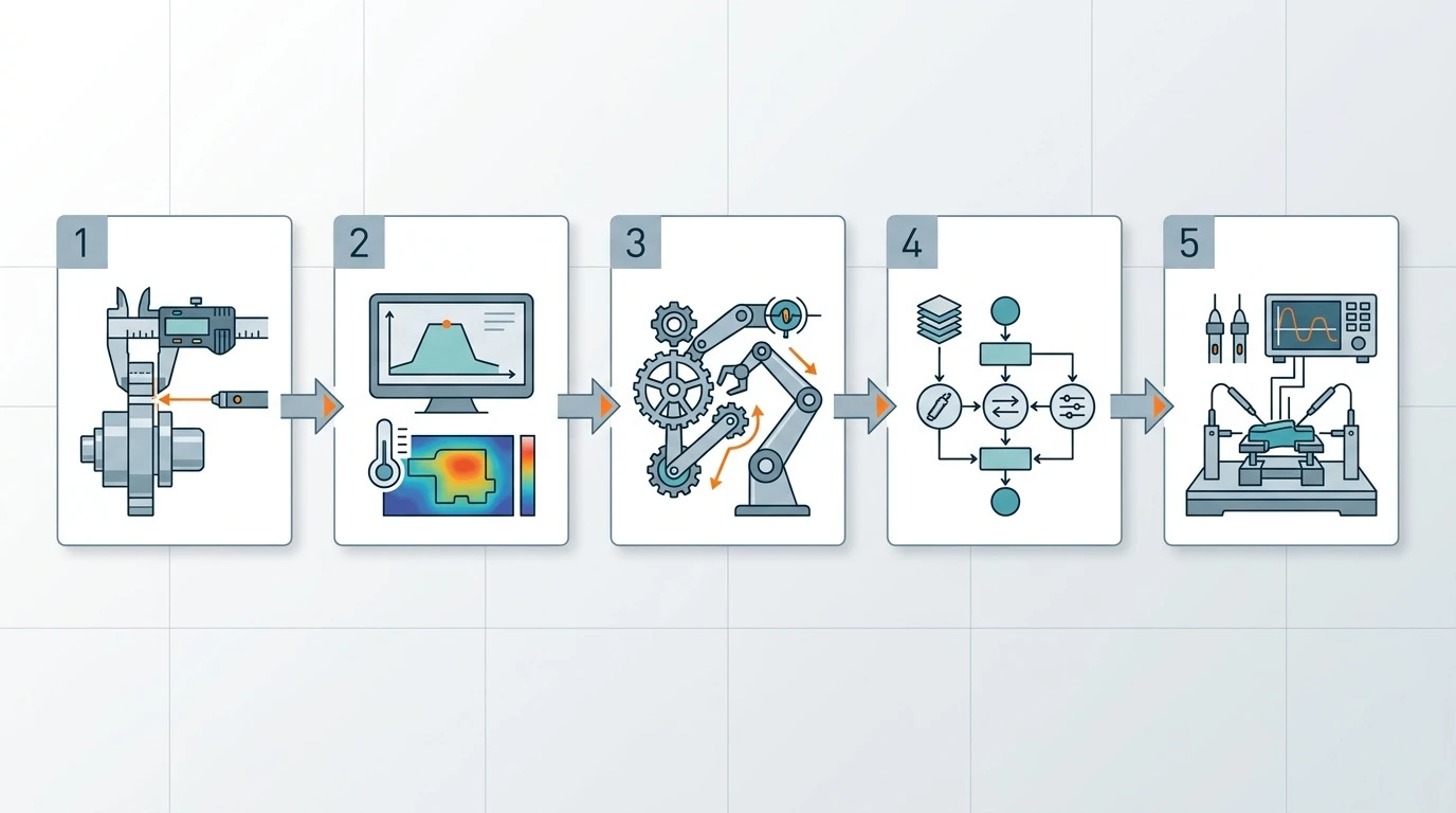Five-step thermal gap filler selection workflow from measuring the gap to prototype testing, shown as numbered steps with arrows