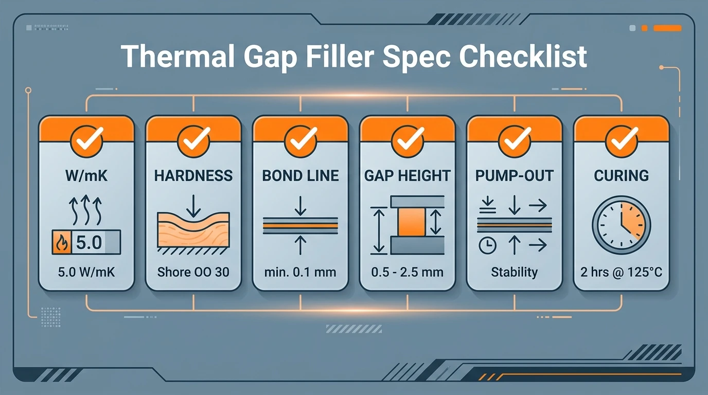 Thermal gap filler spec checklist with six items: W/mK, hardness, bond line, gap height, pump-out and curing