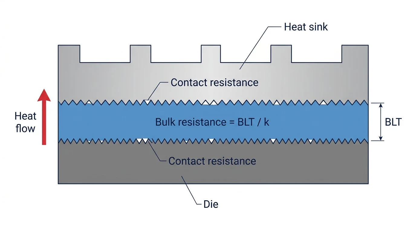 Diagram of the thermal stack across a TIM joint showing the die, bond line thickness, and the two contact-resistance interfaces that add to the bulk resistance to form total thermal impedance.
