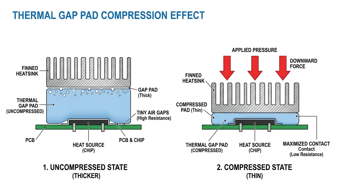 Thermal pad thickness and compression cross-section: an uncompressed pad trapping air gaps beside the same pad compressed to fill the interface under pressure