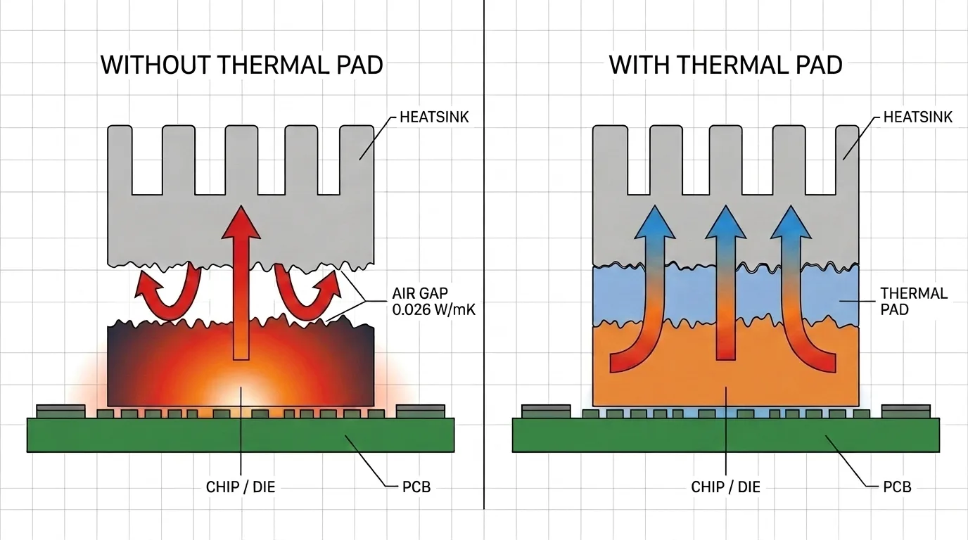 Cross-section diagram of a chip-to-heatsink joint: without a thermal pad, trapped air pockets block heat flow at the interface; with a thermal pad, the compressed pad fills the voids and heat flows continuously from die to heatsink.