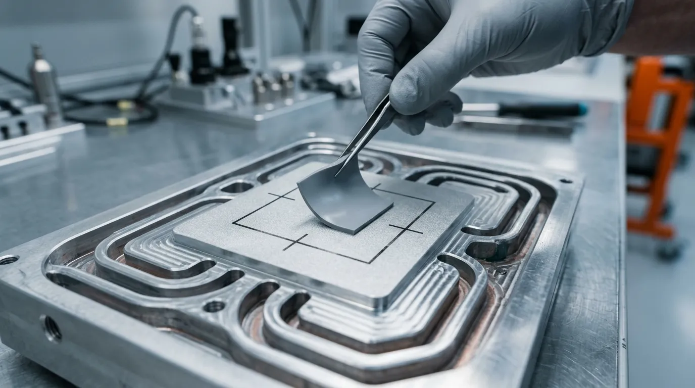 Thermal pad being placed onto the raised surface of an aluminum cold plate with cooling channels during battery pack assembly