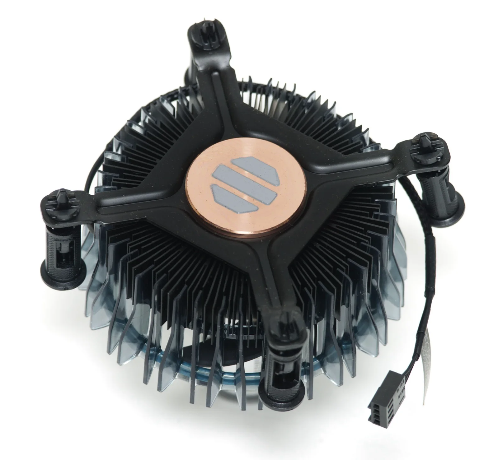 Underside of a stock CPU cooler showing grey thermal paste pre-applied in the factory three-stripe pattern on its copper contact core
