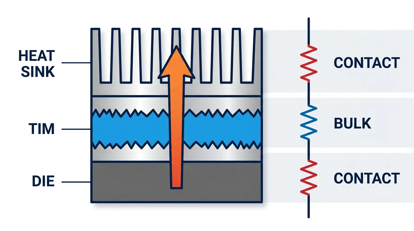 Cross-section of a die–TIM–heat sink stack with heat flowing upward from the hot die into the cooler heat sink, next to its equivalent circuit: three resistors in series representing the contact resistance at the TIM–heat sink interface, the TIM’s bulk resistance, and the contact resistance at the die–TIM interface.