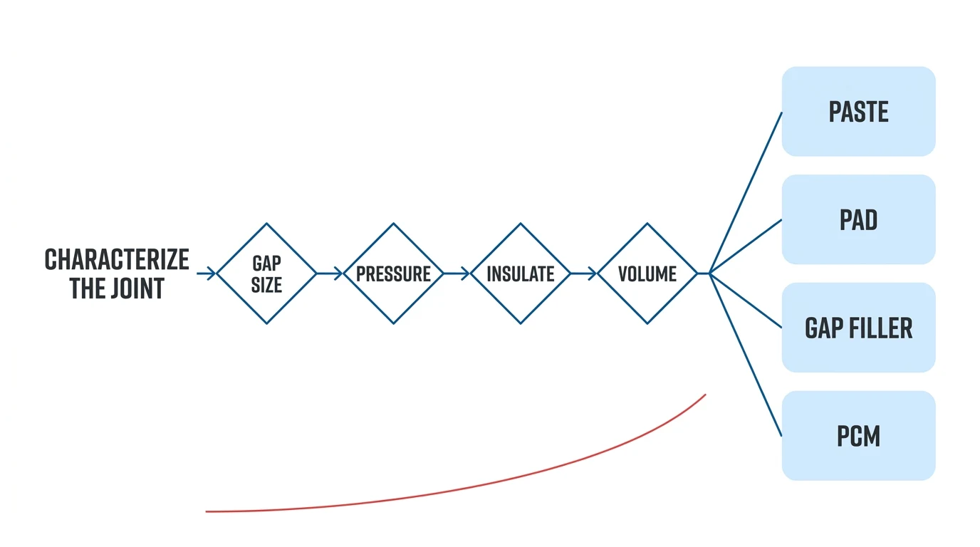 Decision flow from characterizing the joint through gap size, pressure, insulation and volume to paste, pad, gap filler or PCM